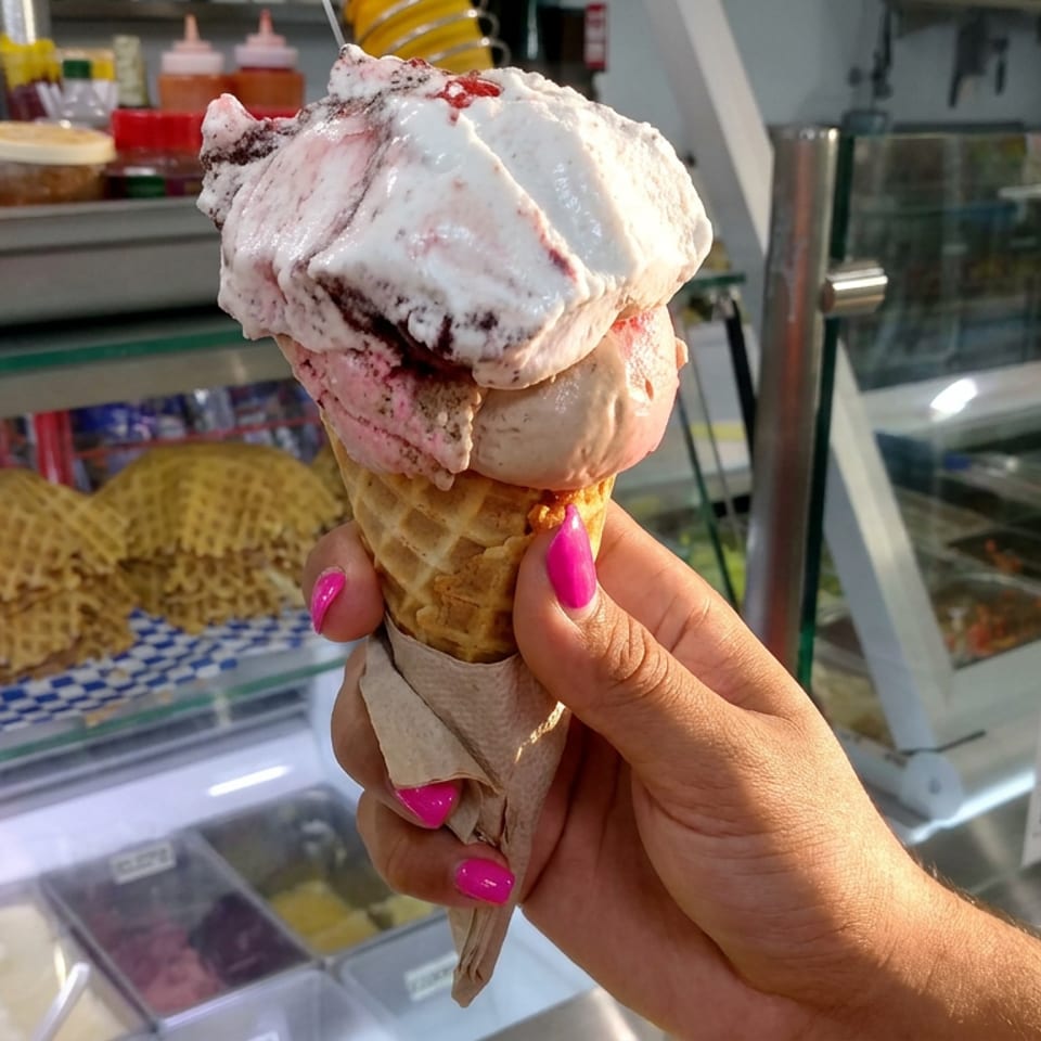 Hand with pink nails holds a waffle cone topped with white and pink gelato at a shop counter.