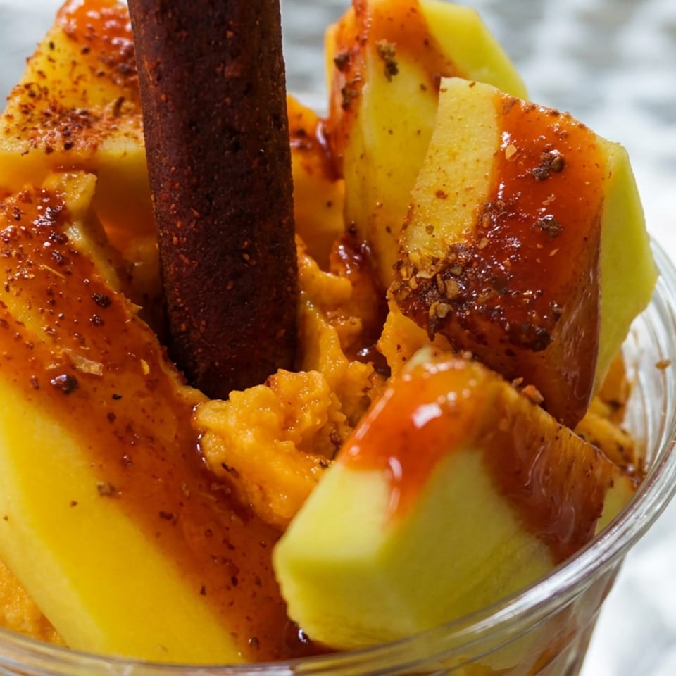 Cup of sliced mango and other fruit coated in chili sauce and spices, topped with a dark tamarind stick.
