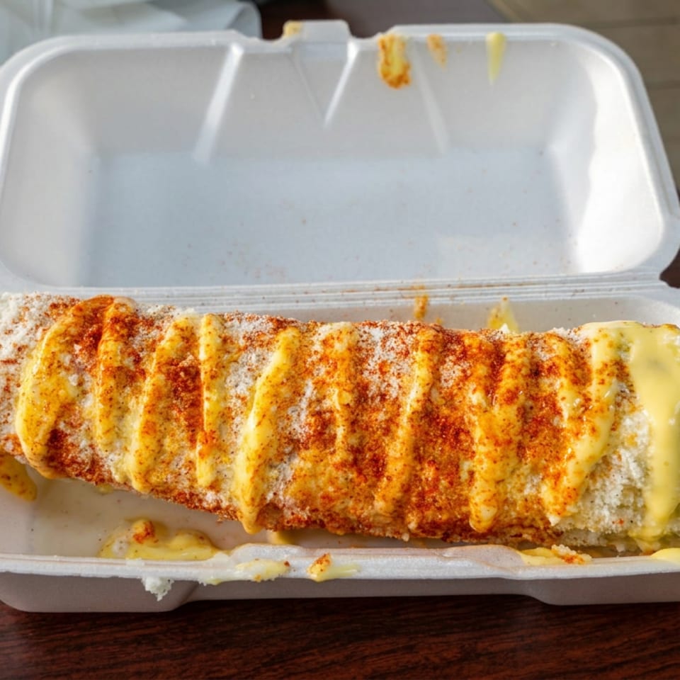 Mexican street corn on a stick, coated with creamy sauce, cheese, and chili powder, served in a foam container.