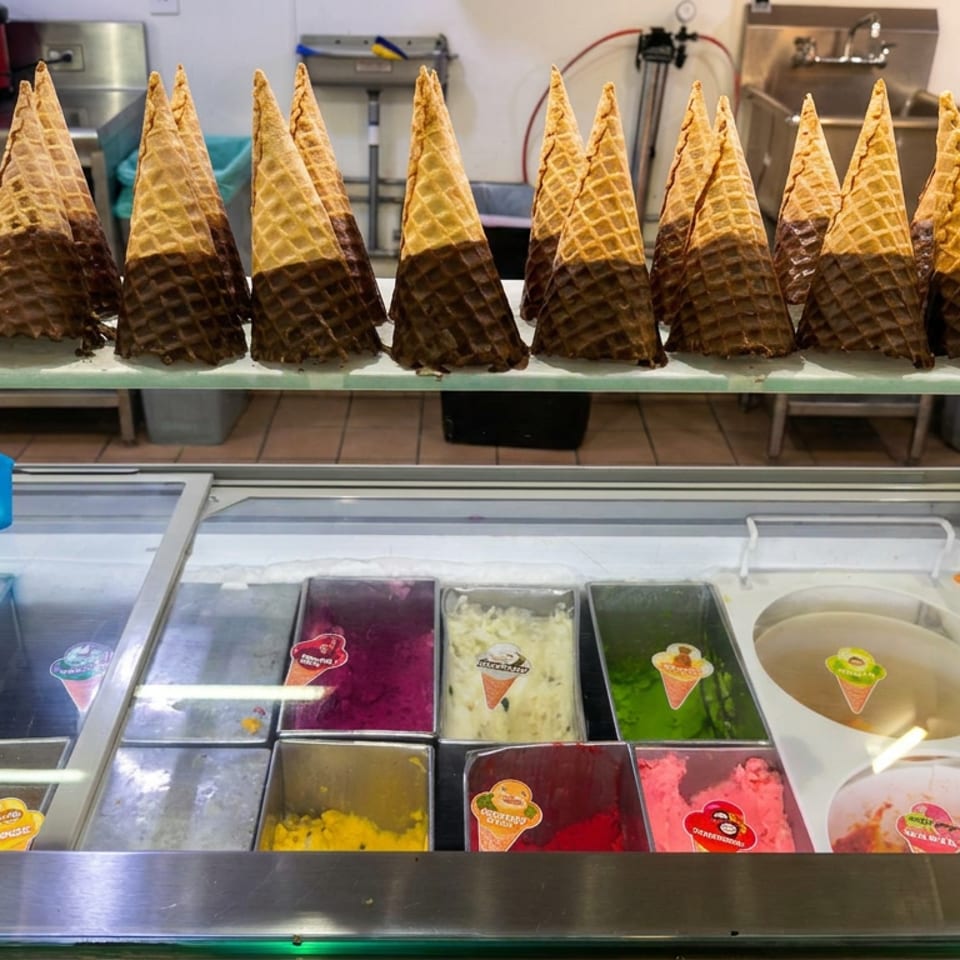 Rows of waffle cones above colorful gelato tubs in a commercial ice cream shop.