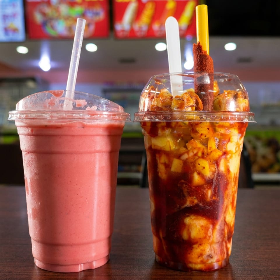 Pink smoothie and fruit-filled chili drink with straws on a restaurant counter, colorful menu boards and dining area behind.