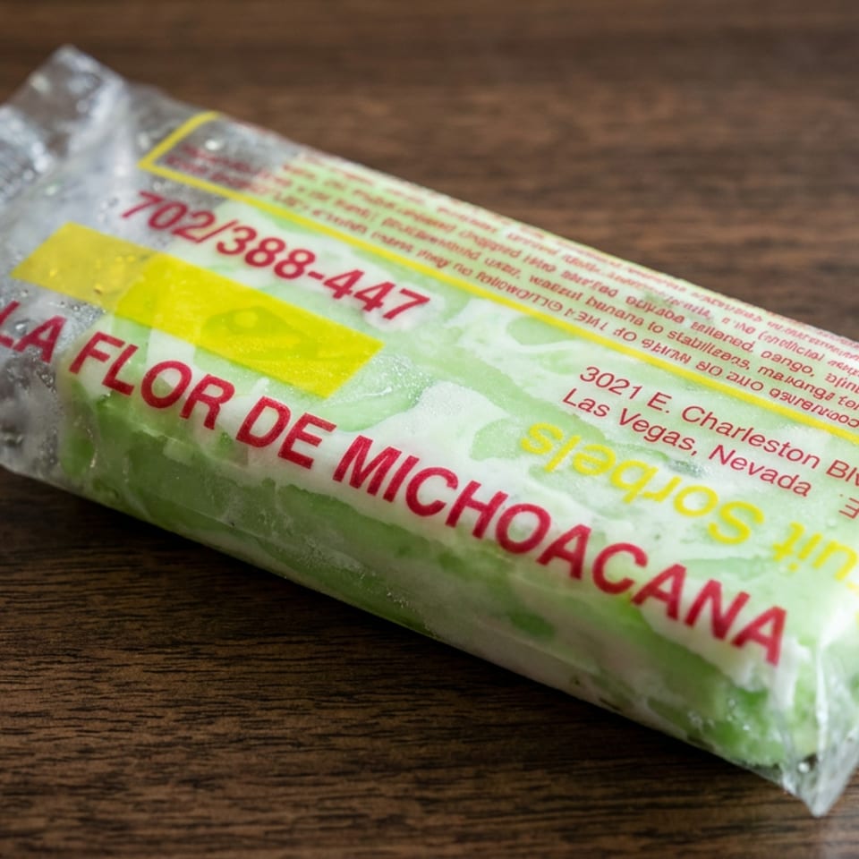 Packaged La Flor de Michoacana frozen treat wrapper resting on a dark wooden table.