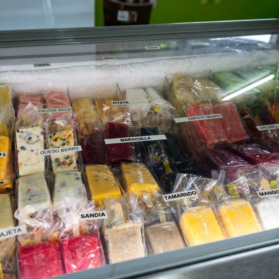 Freezer display filled with individually wrapped colorful fruit ice pops labeled coconut, cheese berry, passion fruit, mango, tamarind, and guanabana.