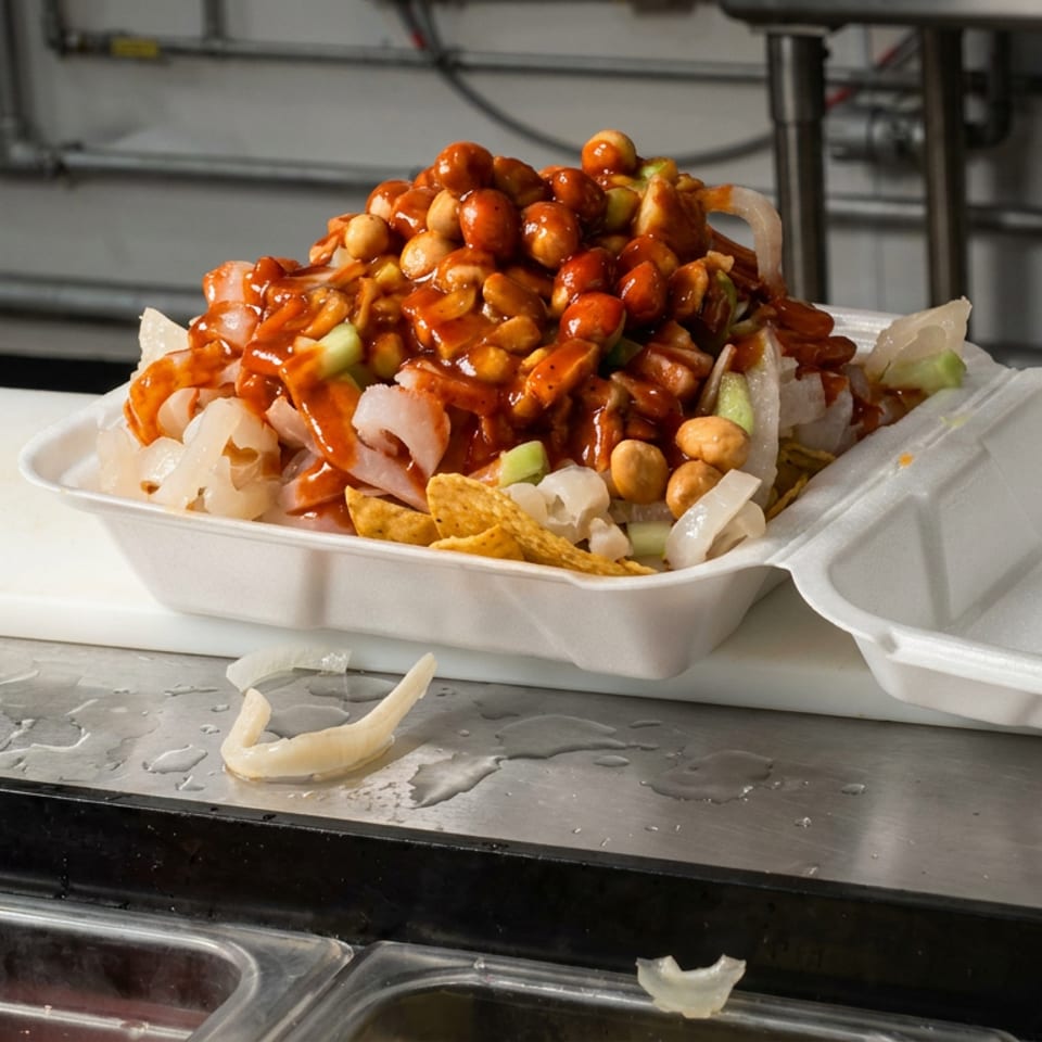 Loaded takeout container of chips topped with peanuts, onions, vegetables, and glossy red sauce on a restaurant prep counter.