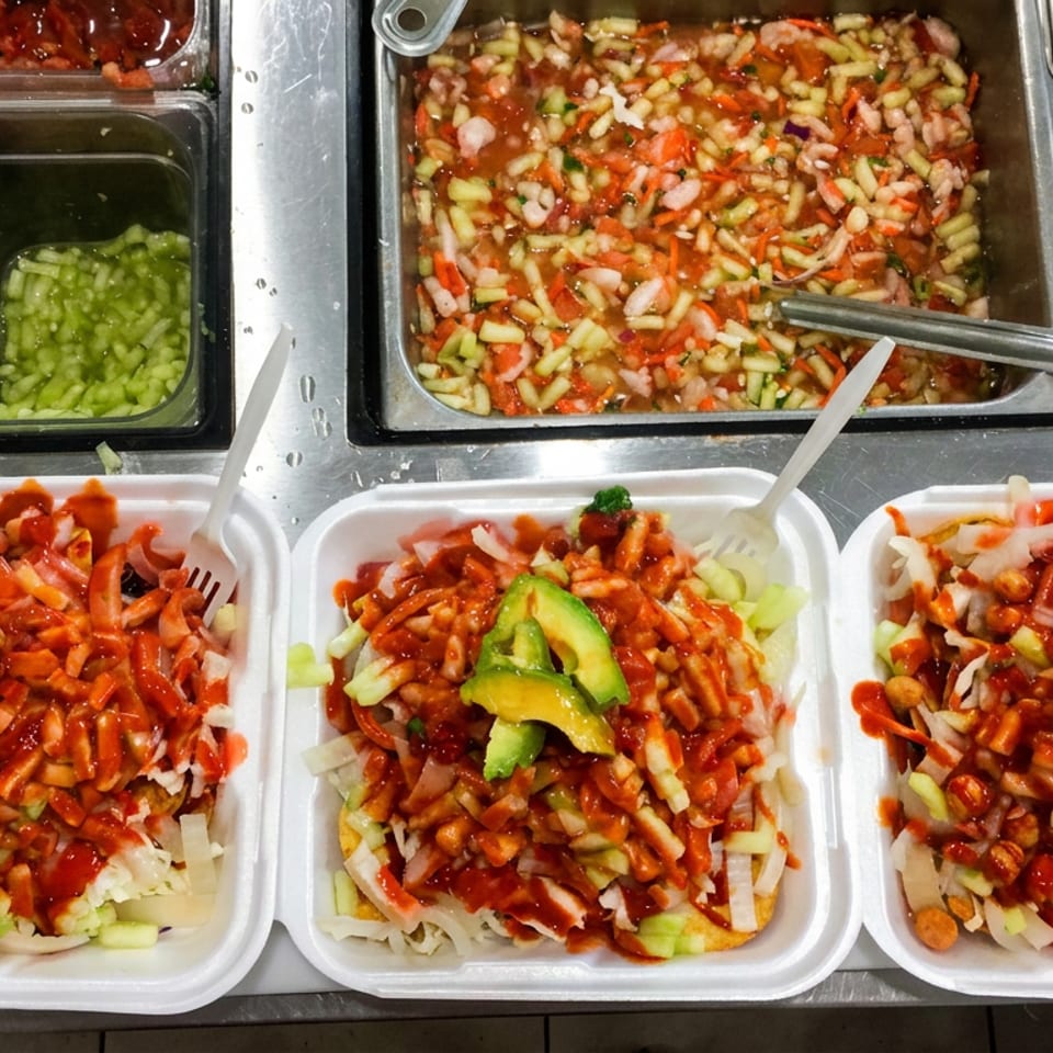 Three takeaway trays of shredded vegetables, crunchy toppings, red sauce, and avocado beside buffet pans of fresh ingredients.