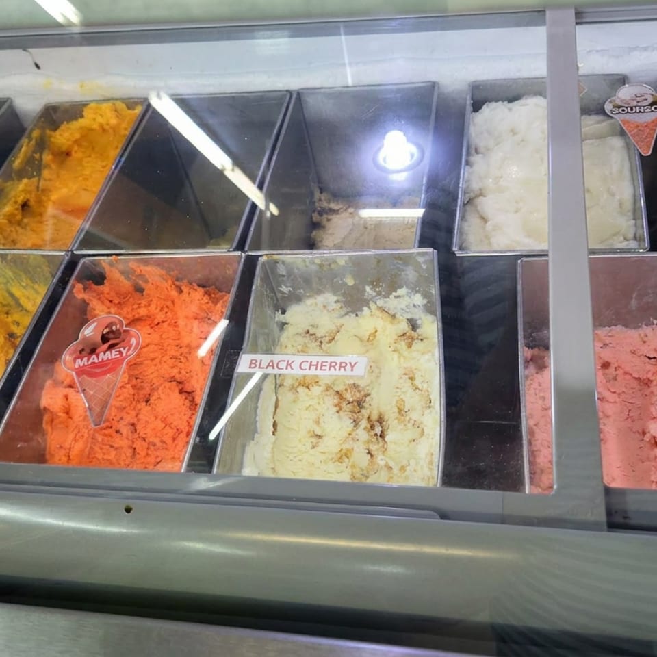 Gelato display case showcasing colorful flavors including vanilla, black cherry, coconut, and raspberry.